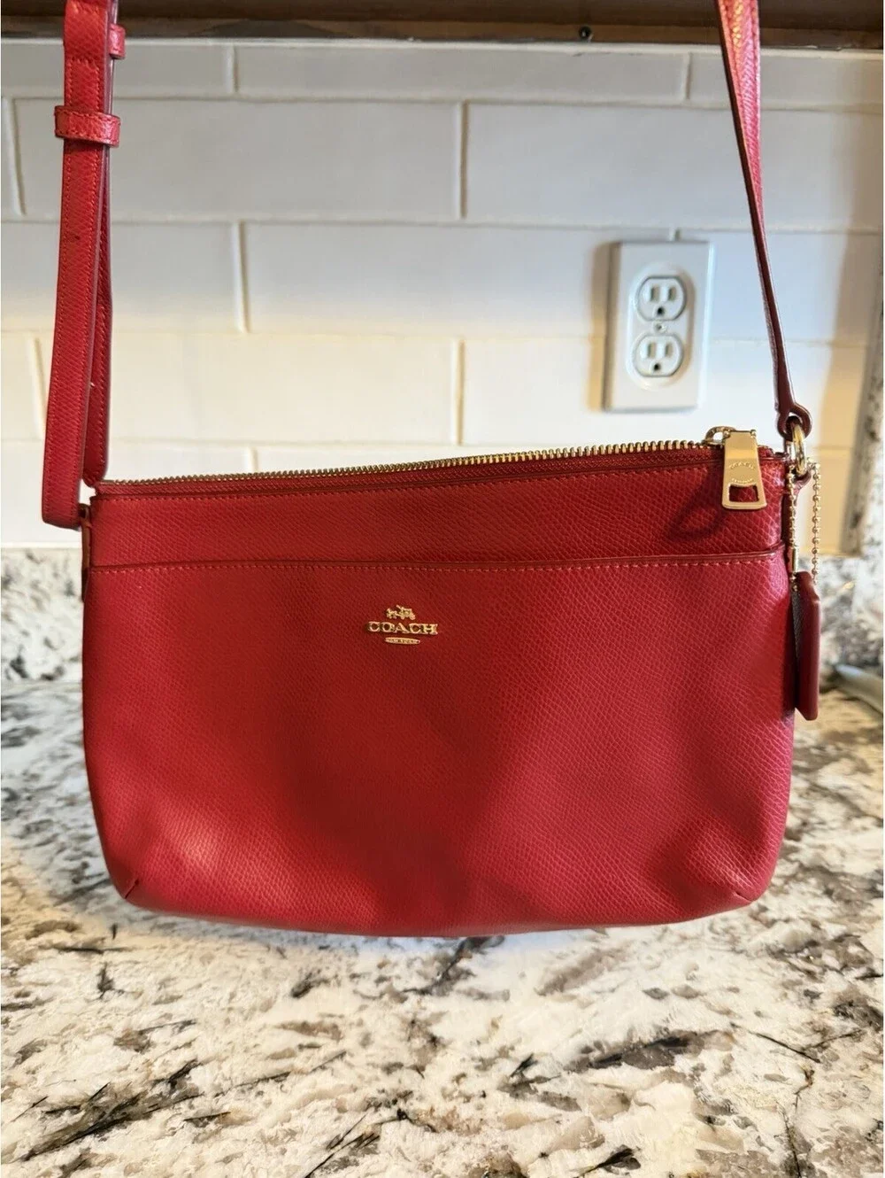 Coach F52881 Red Crossgrain Leather East West Crossbody Shoulder Bag EUC
